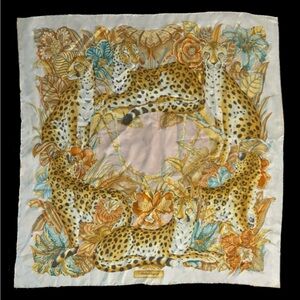 Vintage Italian Salvatore Ferragamo Silk Jungle Cat Scarf 33.5” X 34.5”